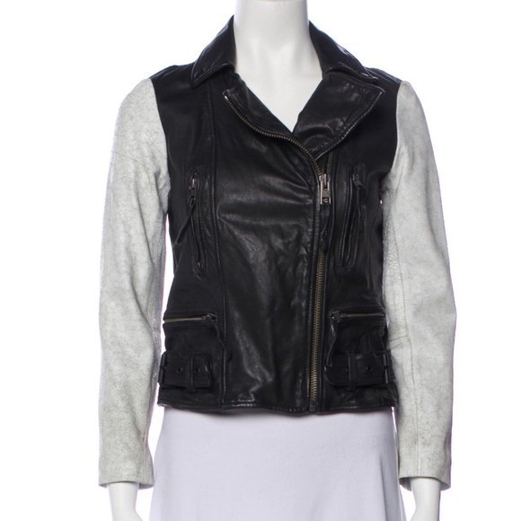 All Saints Albany Moto Jacket Black Leather Gray Sleeves Biker Grunge Size 4 NEW - Picture 14 of 14